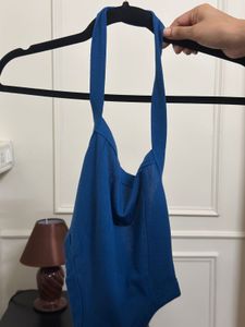 Blue Halter Neck Knit Top