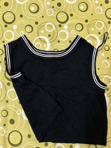 Sleeveless Black Top with Striped Neckline