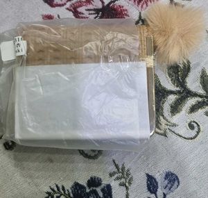 Chic Beaded Clutch with Fur Pom-Pom