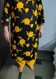 Black & Yellow Floral Kurta Set 3xl cotton pure