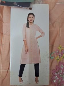 Peach Embroidered Kurta with Silver Stripes