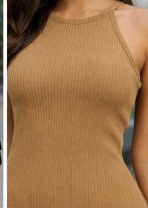 SHEIN Ribbed Bodycon Midi Dress | Tan Beige | Stre