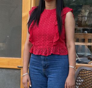 Red Eyelet Ruffle Peplum Top
