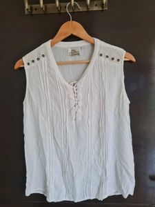 White Lace-Up V-Neck Sleeveless Tunic Top