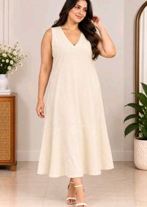 Cream V-Neck Sleeveless Midi Dress