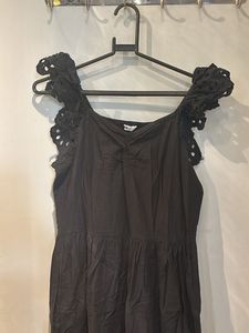 Black cotton Eyelet Detail Midi Dress