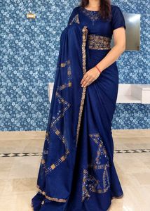 Elegant Royal Blue Saree with Gold Embellishments