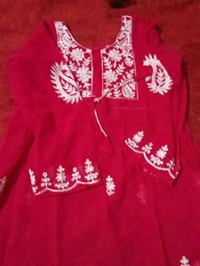 Rani Pink Chikan Work  Embroidered Kurti