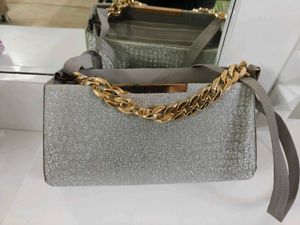 Chic Silver Glitter Handbag with Gold Chain