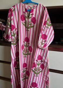 Vibrant Pink Striped Kurta with Floral Print