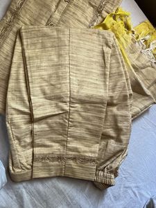 khadi silk Beige Kurta Set with Yellow Dupatta