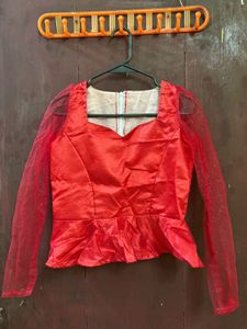 Red Peplum Blouse with Glitter Sleeves