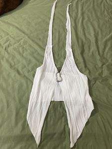 White Halter Neck Pleated Crop Top