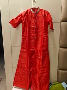 orange Ethnic Kurta with Embellished Neckline