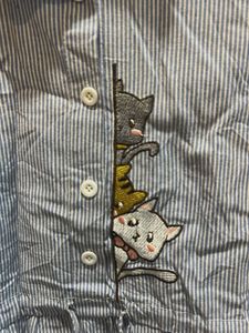 Cute Cat Print Blue Striped Dress