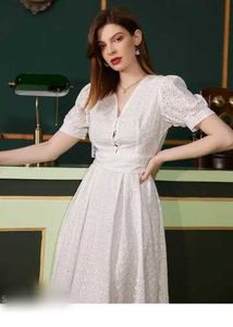 Elegant White Puff Sleeve Chiken Midi Dress