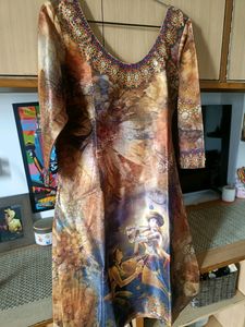Krishna Print Kurti with Embellished Neckline