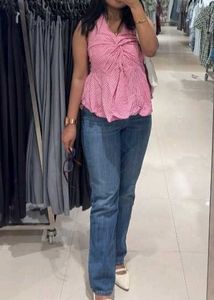 Chic Pink Gingham Twist Front Top