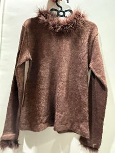 Brown Knit Top Fur Trim