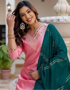 Elegant Pink Kurti with Teal Dupatta