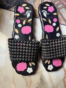 Black Floral Beaded Slides