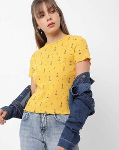 Yellow Lighthouse Print Cropped Top