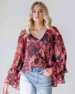 Sheer Floral Ruffle Blouse