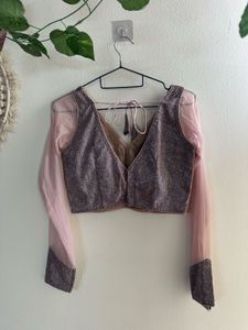 Sparkling V-Neck Blouse with Sheer Sleeves