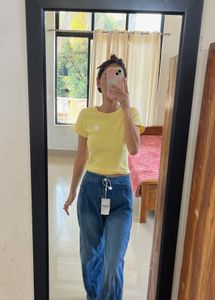 Cute Yellow Ribbed T-Shirt with Heart Applique
