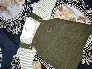 Girls Olive Green Dress with Striped Top