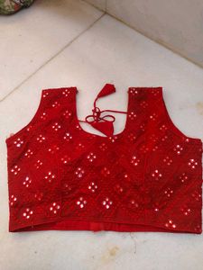 Red Embroidered Blouse with Mirror Work
