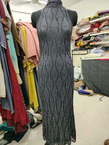 Elegant Grey Crochet  Halter Neck Gown