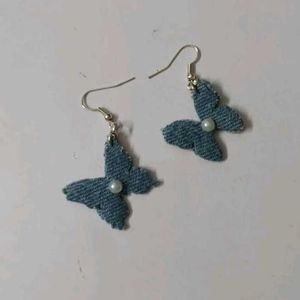 Denim Butterfly Earrings with Pearl