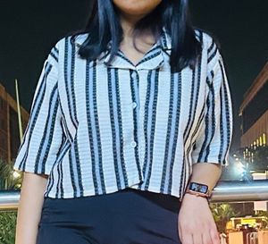 Striped Cropped Button-Up Shirt || Korean Look