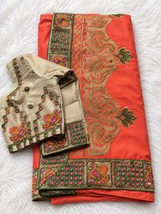 Elegant Coral Embroidered Silk Saree