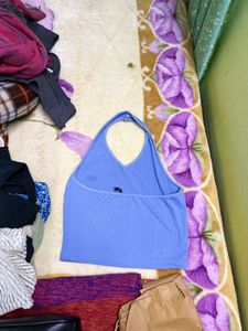 Blue Halter Neck Crop Top by Tokyo talkies