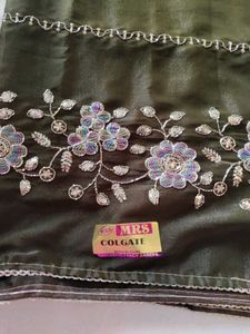 Embroidered Olive Green Saree white blouse