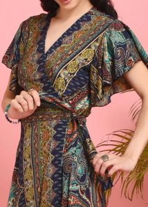 Paisley Print V-Neck Wrap A line dress