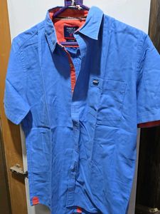 Men's Blue Short Sleeve Button-Up Shirt