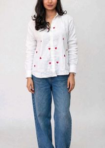White Shirt with Red Heart Embroidery