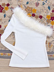 Chic White One-Shoulder Fur Trim Top