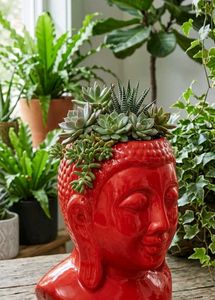 15" large Red Buddha Head Planter | Zen Home Decor