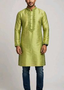Men's Lime Green Embroidered Kurta