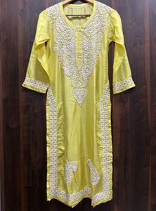 PURE SILK Elegant Yellow Chikankari Kurta Set