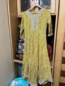 Yellow Floral Print Cotton Dress