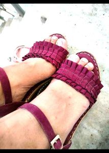 Maroon Wedge Sandals with Ruffle Detail