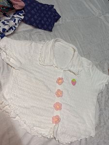 White Textured Crop Top with Flower Details