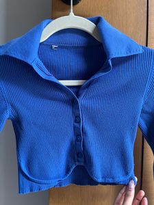 Ribbed Blue Cropped Collared Shirt