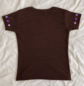 Brown Ribbed Top with Floral Embroidered De
