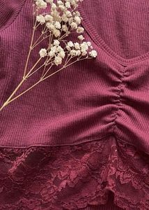 Maroon Ribbed Lace Trim Crop Top